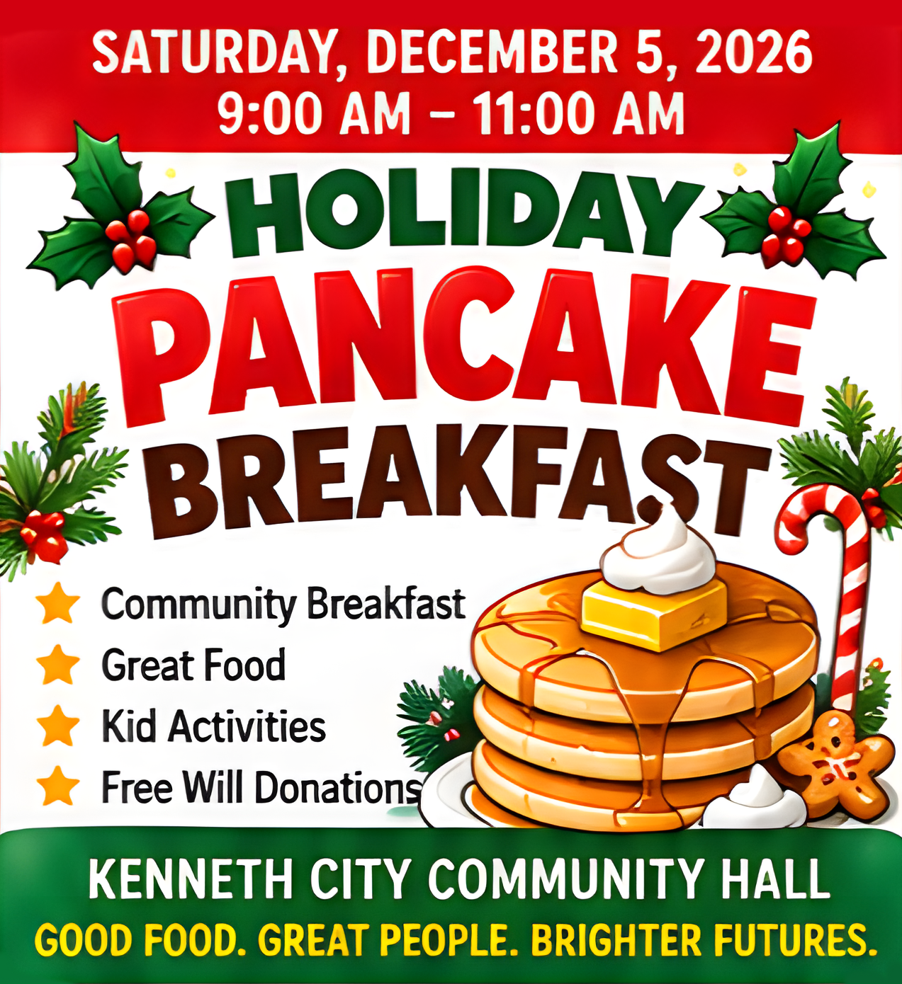 Flyer for December 5 Holiday Pancake Breakfast a Kenneth City Community Hall, 9am-11am